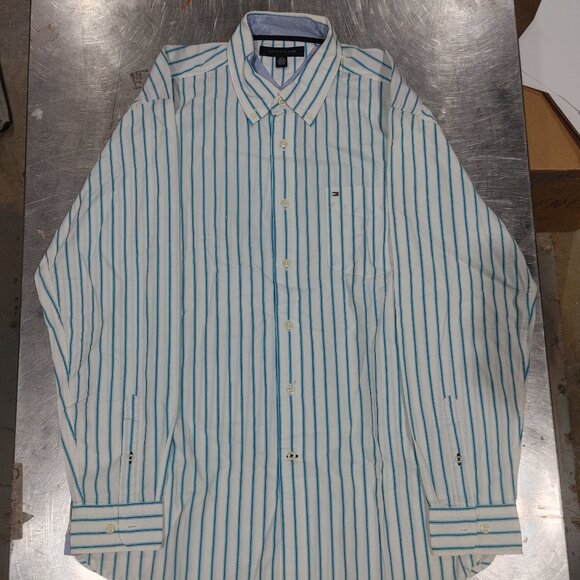 Excellent Condition Tommy Hilfiger Casual Button Shirt Size L Blue/Black Striped - Picture 1 of 3